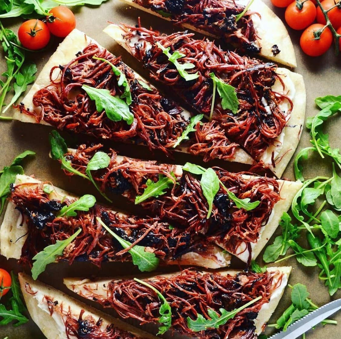 Flatbread pizza made with Mazor's dough